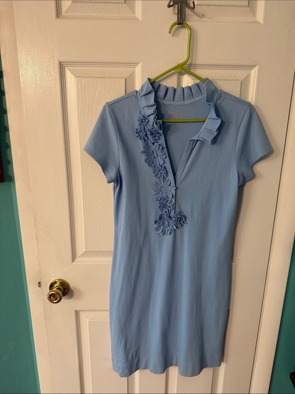 Lilly Pulitzer Light Blue Ruffled Polo Mini Dress with Floral Appliqué